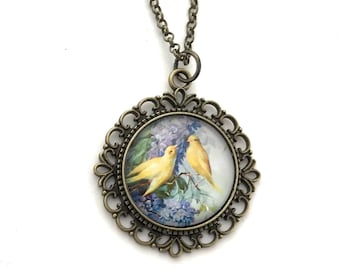 Canary & Lilac Necklace: Vintage Style Bird Pendant