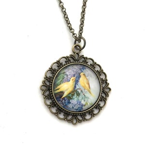 Lilac and Canary Necklace for Women - Bird Necklace  - Vintage Style Jewelry - Gift for Women - Victorian Inspired
