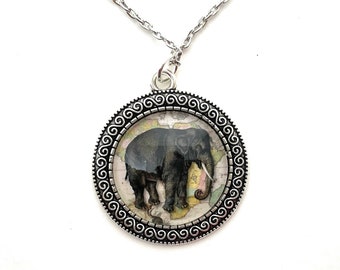 Elephant Necklace for Women - Vintage Safari Pendant  - Unique Jewelry - Silver Tone Setting