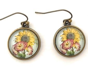 Sunflower Dangle Earrings - Vintage Image Jewelry  - Antique Brass - Gift for Women