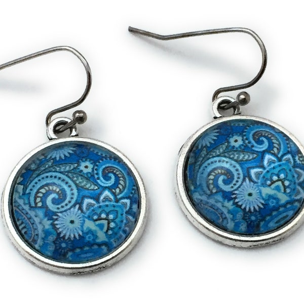 Bohemian Blue Paisley Earrings - Colorful Boho Jewelry  - Antique Silver Alloy - Gift for Women - Trendy Hippie Jewelry