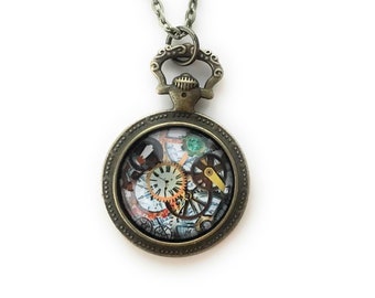Vintage Style Pocket Watch Steampunk Necklace,  Gears and Clock Decorative Jewelry, Gift for Women, Jewelry Under 20