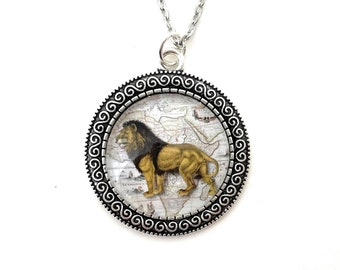 Lion Necklace for Women - Vintage Safari Pendant  - Unique Jewelry - Silver Tone Setting