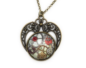 Steampunk Mechanical Clockwork Heart Necklace for Women, Cogs and Gears, Gift for Women