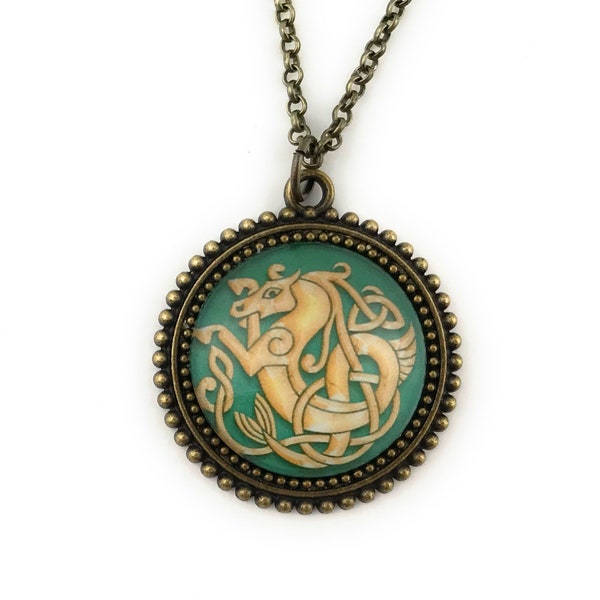 Celtic Seahorse Necklace - Green and Gold - Celtic Knot Pendant - Druid Jewelry - Gift for Women  Free Shipping