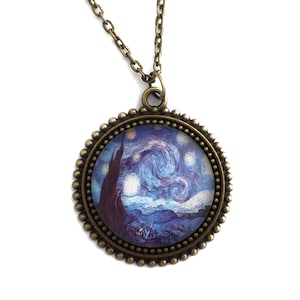 Van Gogh Starry Night Necklace: Classic Art Pendant, Bronze Setting