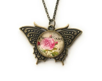 Butterfly Necklace with Pink Rose - June Birth Flower - Vintage Inspired - Jewelry for Women - Gift for Gardener