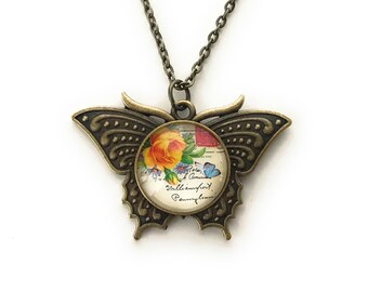 Butterfly Necklace with Orange Roses - Vintage Inspired - Jewelry for Women
