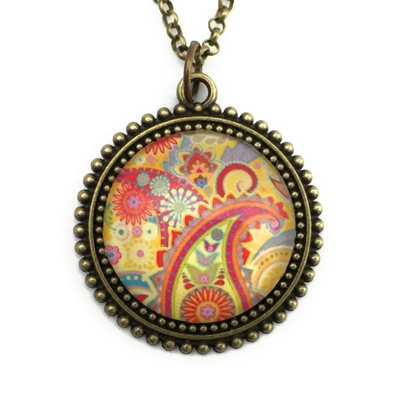 Bohemian Orange Paisley Necklace - Colorful Boho Jewelry  - Gift for Women - Retro Pendant