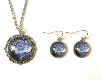 Van Gogh Starry Night Necklace and Earring Set Silver Zinc Setting, Gift for Women, Classic Art Jewelry, Gift for Artist, Free Shipping