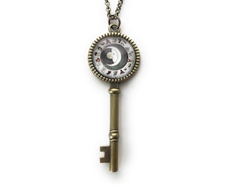 Ancient Alchemy Lunar Calendar Brass Skeleton Key Necklace for Women, Gift for Women