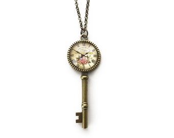 Vintage Clock Image Brass Skeleton Key Necklace for Women