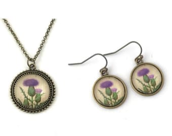 Scottish Thistle Necklace and Earring Set, Gift for Women, Purple Flower Jewelry, Nature Gift, Vintage Inspired, Gift for Gardener