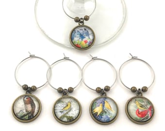 Bird Wine Glass Charms, Colorful Vintage Bird Drink Markers, Set of 5, Unique Hostess Gift Gifts under 20