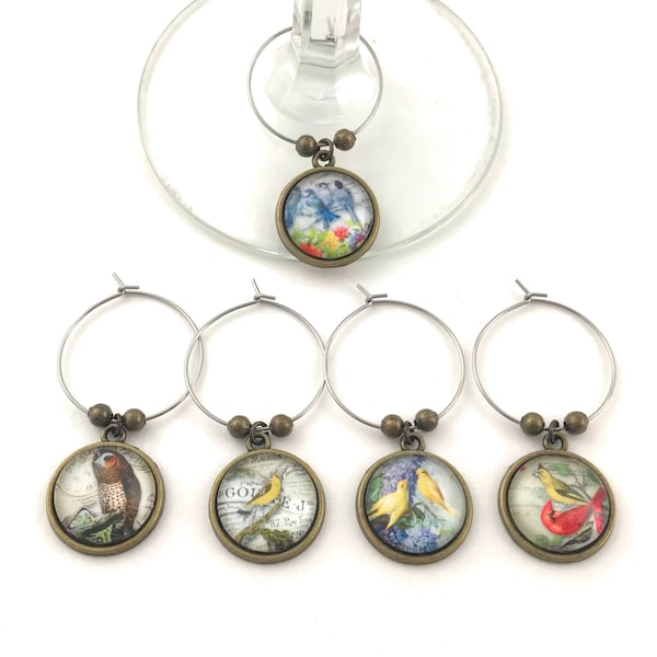 Bird Wine Glass Charms, Colorful Vintage Bird Drink Markers, Set of 5, Unique Hostess Gift Gifts under 20