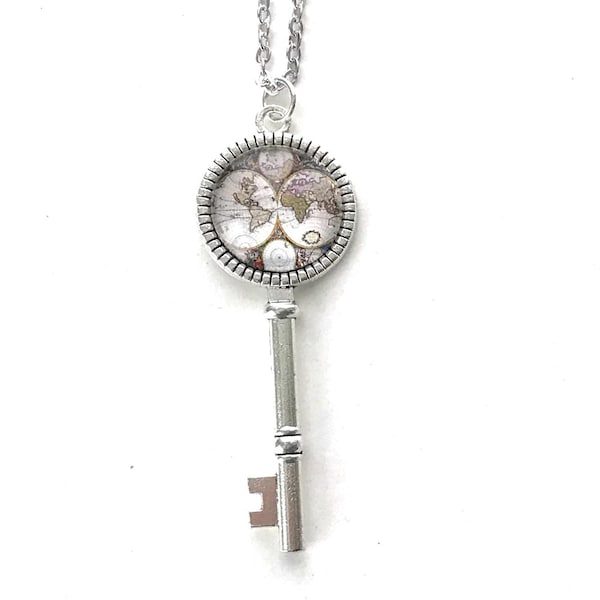 Globe Key Necklace, Skeleton Key Pendant, Traveler Jewelry, Wanderlust, Gifts for women, Key necklace