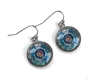 Blue Mandala Dangle Earrings, Boho Jewelry, Silver Alloy, Gift for Women