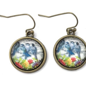 Bluebird Earrings: Vintage Inspired Floral Image, Antique Bronze