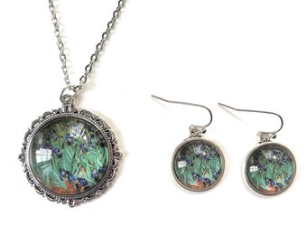Van Gogh Irises Necklace and Earring Set Silver Zinc Setting, Gift for Women, Classic Art Jewelry