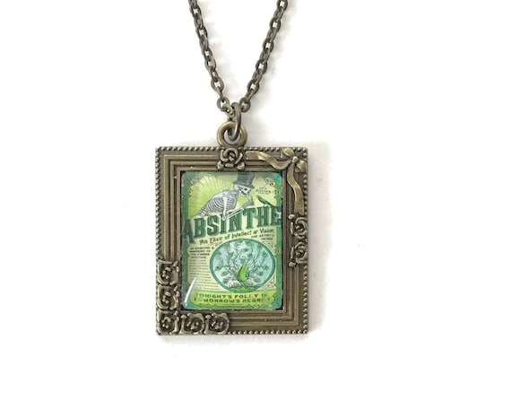 Absinthe Skeleton Necklace: Vintage Ad Art Nouveau Pendant