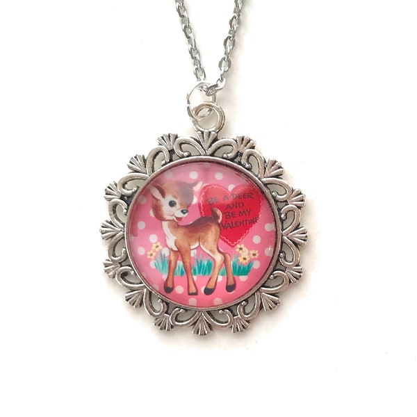 Retro Valentine Pendant Necklace - Cute Deer with Pink Polka Dots  - Seasonal jewelry -  Gift for Women