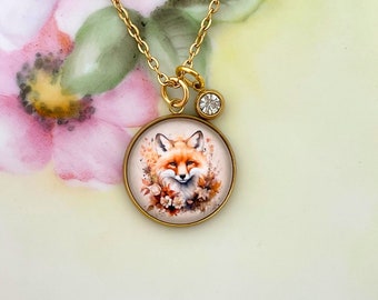 Fox Necklace: Watercolor Woodland Pendant with Birthstone