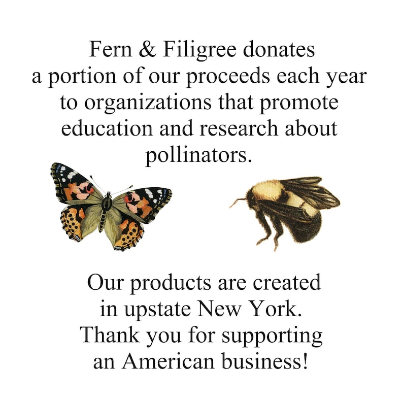 以下が含まれることがあります： 「Fern & Filigreeは、毎年、授粉者を促進する教育と研究を推進する組織に、収益の一部を寄付しています。当社の製品は、ニューヨーク州で製造されています。アメリカのビジネスを支援していただきありがとうございます！」というテキストが書かれたグラフィック。グラフィックには、蝶とマルハナバチも描かれています。