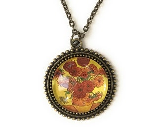Van Gogh Sunflowers Necklace: Art Print Pendant, Bronze Finish