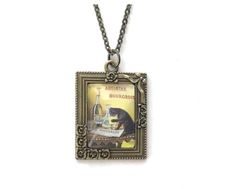 Black Cat Absinthe Necklace: Vintage Art Nouveau Pendant