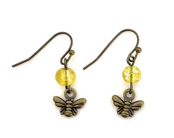 Bee Earrings for Women - Bumblebee Jewelry - Honey Bee Dangle Earring - Handmade - Yellow Glass Bead