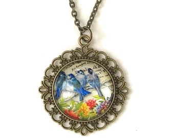 Vintage Style Bluebird Pendant Necklace: Floral Bird Jewelry