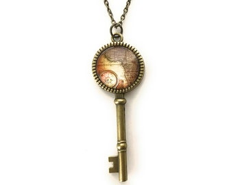 Traveler Map and Compass Brass Skeleton Key Necklace for Women - Wanderlust
