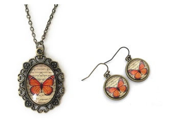 Monarch Butterfly Necklace and Earring Set, Mother's Day Gift for Women, Jewelry Gift for Gardeners