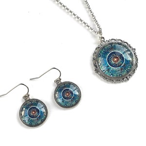 Blue Mandala Necklace and Earring Set for Women  Boho Jewelry Gift for Mom Blue Pendant