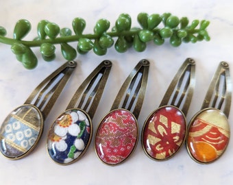 One Pair of Cabochon Snap Barrettes, Oval, Japanese Silk Kimono Fabric Cabochon Hair Clips, Cabochon Snap Hairpins, Japanese Style