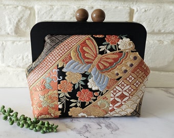 Obi Handbag, Wood Purse Frame, Handmade Handbag Using Japanese Silk Obi Fabric, Japanese Traditional Kimono Pattern, Gift for Her