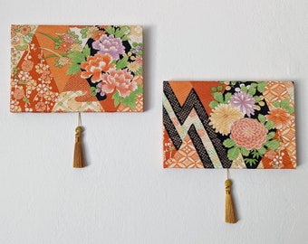 A Floral Fabric Wall Décor Made out of Japanese Silk Kimono/Furisode with Gold Foil Stamped Peony, Canvas Wall Art, Tapestry, Wall Panel
