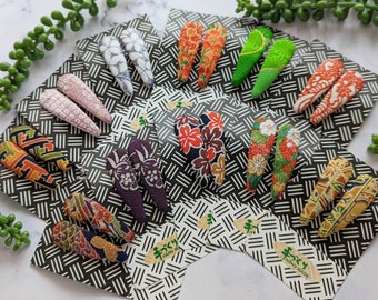 Mini Size Snap Barrettes, One Pair of Japanese Silk Kimono Fabric Covered Hair Clips, Fabric Snap Hair Clips, Japanese Style, Hairpins