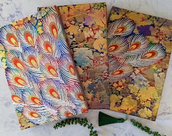 Set of Three, Fabric Wall Décor Made of Japanese Silk Kimono with Tassels/Obi, Embroidered Peacock Feather, Canvas Wall Art, Tapestry, Gift
