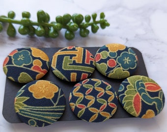 28 mm Buttons, Set of 6, Japanese Traditional Pattern, Fabric Covered Button, Japanese Silk Kimono Fabric, One of a Kind, Unique Gift