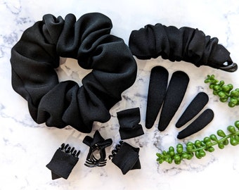 Solid Black Silk Hair Accessories, Japanese Kimono Fabric, Mini/Large Snap Barrettes, Long Banana Clips, Mini Claw Clip, Scrunchie