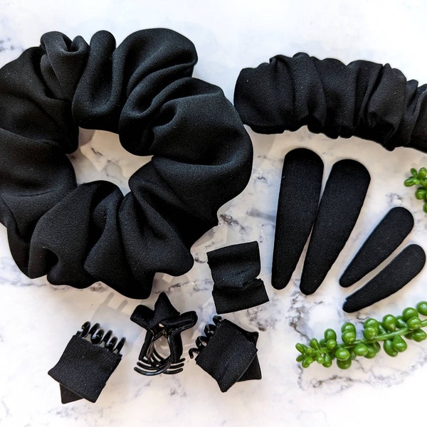 Solid Black Silk Hair Accessories, Japanese Kimono Fabric, Mini/Large Snap Barrettes, Long Banana Clips, Mini Claw Clip, Scrunchie