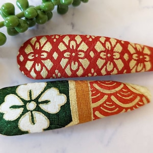 XL Japanese Silk Kimono Fabric Snap Barrette: Floral Hair Clip