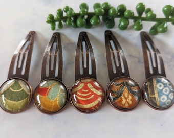 One Pair of Cabochon Snap Barrettes, Japanese Silk Kimono Fabric Cabochon Hair Clips, Cabochon Snap Hairpins, Japanese Style