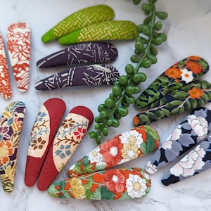Large One Pair of Snap Barrettes, Japanese Silk Kimono Fabric Covered Hair Clips, Fabric Snap Hairpins, Japanese Style