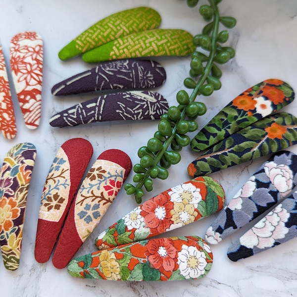 Japanese Silk Kimono Fabric Barrettes: Large Snap Hair Clips