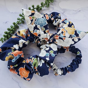 Silk Kimono Scrunchies, Japanese Upcycled Silk Kimono Ponytail Holder, Skinny, Regular, Volume, with a Bow, 100% Silk, Gift for Her