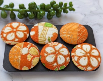 28 mm Buttons, Set of 6, Orange Floral, Fabric Covered Button, Japanese Silk Kimono Fabric, One of a Kind, Unique Gift