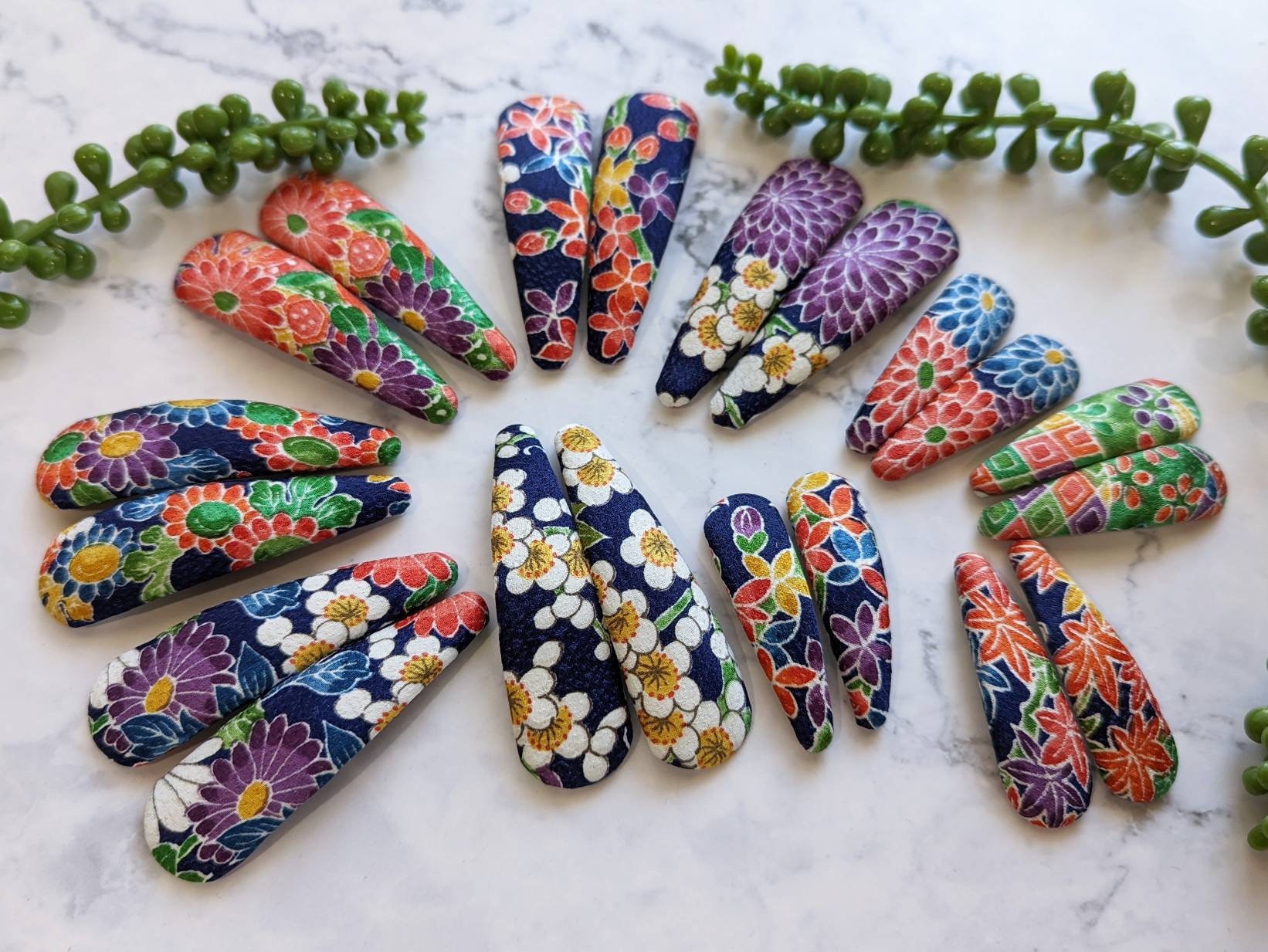 Mini/Large One Pair of Snap Barrettes, Japanese Silk Kimono/Floral Fabric Covered Hair Clips, Fabric Snap Hairpins, Japanese Style
