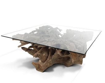 Clearance Sale! Teak Root Coffee Table (Irregular Shaped) with Glass Top